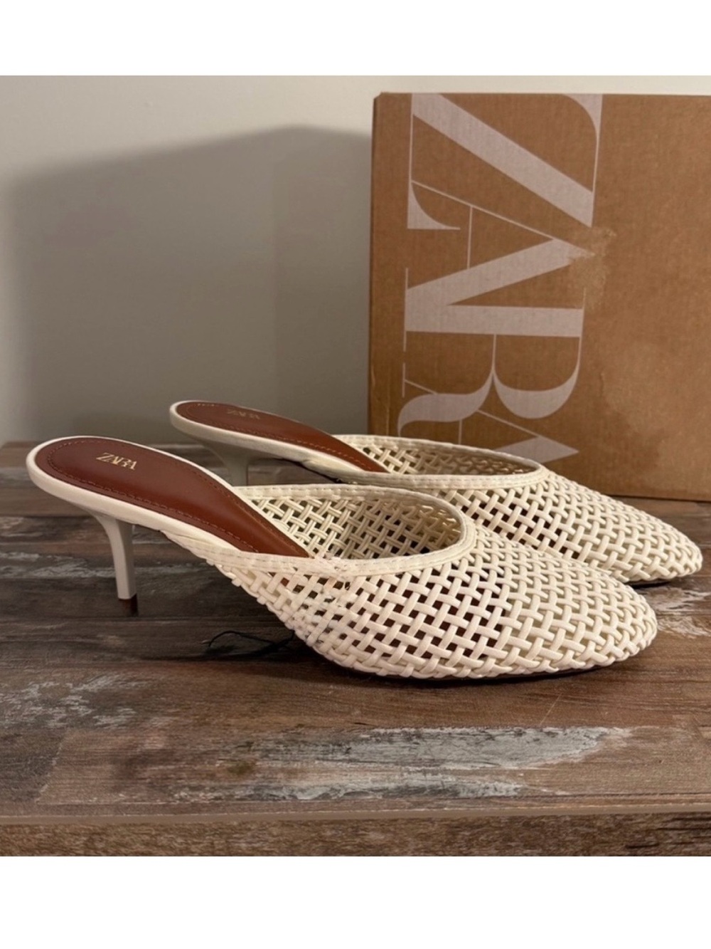 Zara Braided Vegan Leather Slip On Kitten Heel Mules - Picture 4 of 7
